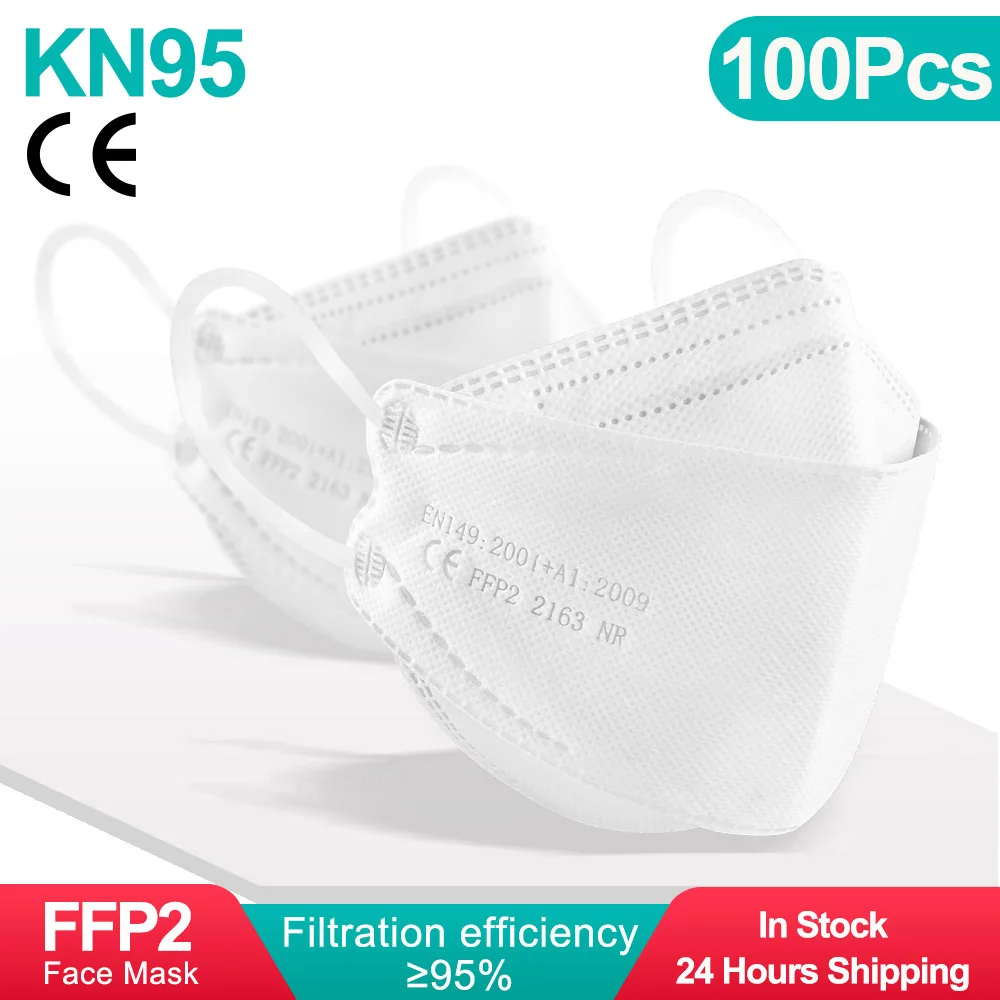 Masque FFP2 blanc à 4 couches, pliable, avec pont nasal ajustable, présenté sur fond neutre.