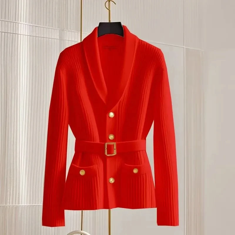 Women Commute Solid Loose Pockets Knitted Cardigan 2025 Autumn Winter Woman Fashion Sashes Thick Warm Turn-down Collar Sweaters