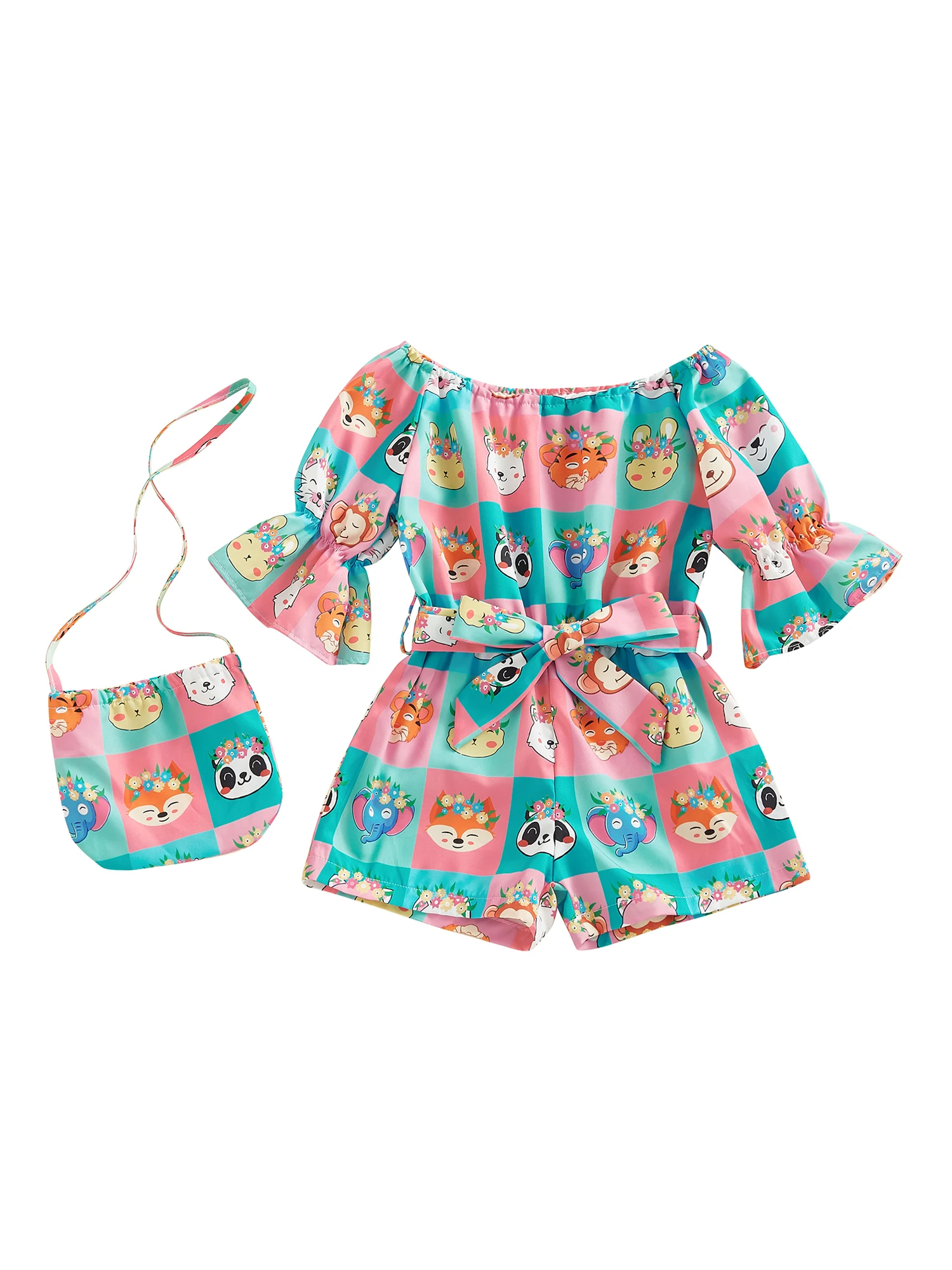 

Baby Girls Summer Romper Short Sleeve Animal Print Belted Jumpsuit Shorts with Bag