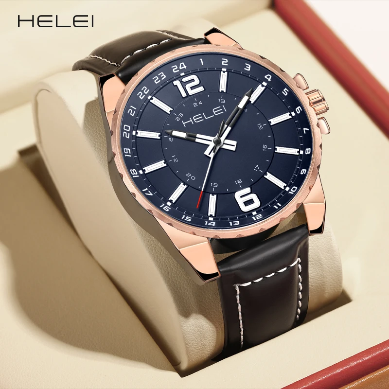 HELEI2024 Hot Model Fashion Men's Quartz Watch Genuine Leather Belt 24 Hour Men's Watch Waterproof Watch Gift For Men