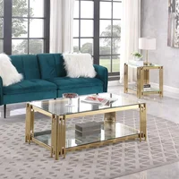 Gold Stainless Steel Frame Glass Coffee Table, Living Room Double-layer Coffee Table, Glass Countertop Coffee Table 2