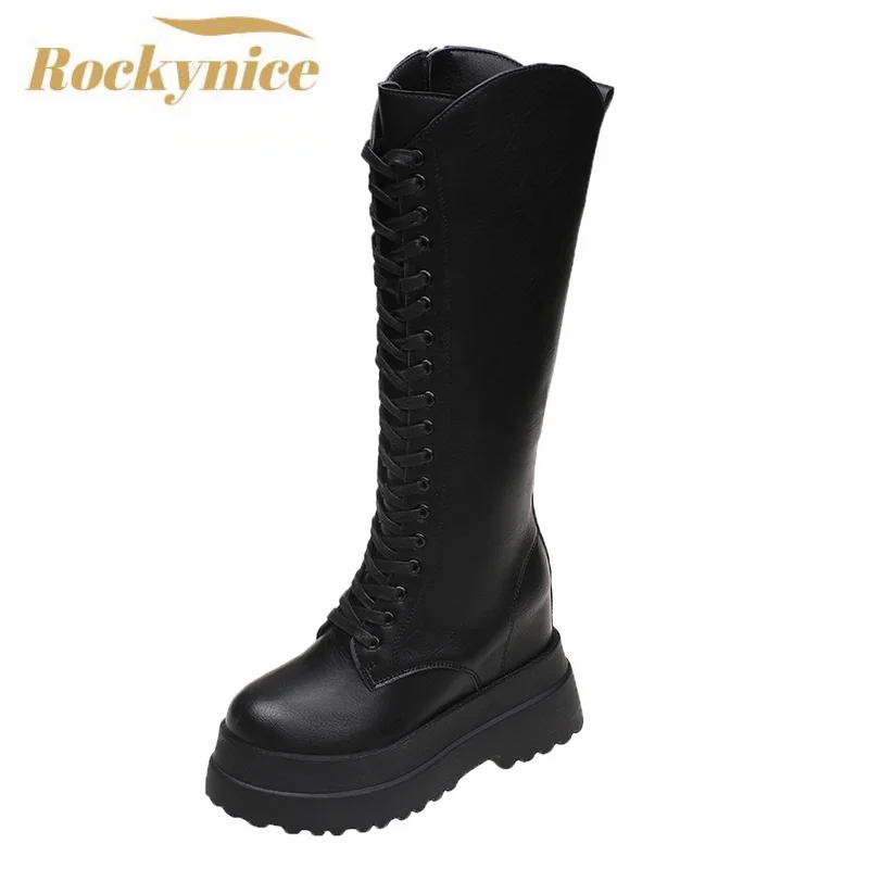 Women's Knee High Boots Lace-up Female Winter Warm Long Boots Chunky ...