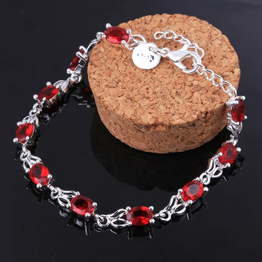 

925 Sterling Silver Crystal Stone Red Jewelry Fashion Women Wedding Bracelets Free Shipping Factory Price