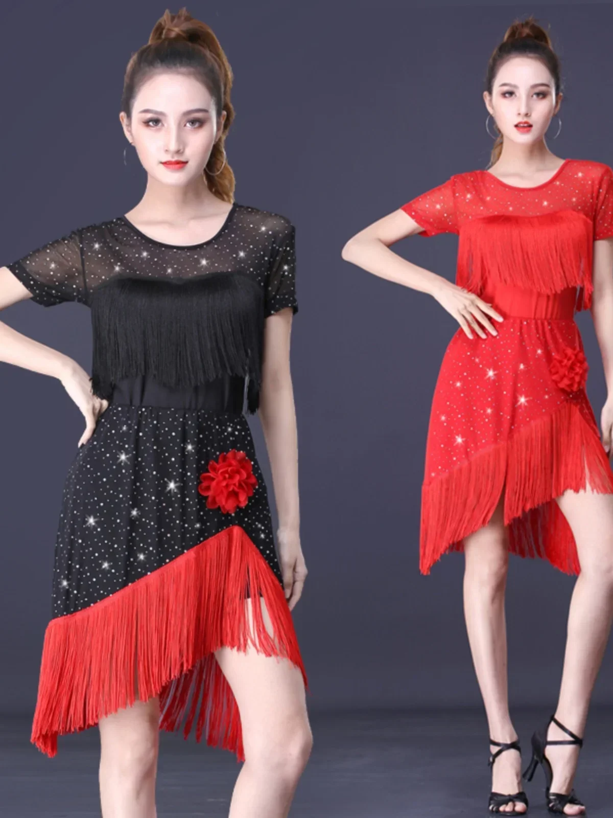 

Женская одежда для выступлений и латиноамериканских танцев, новая блестящая шелковая одежда с круглым вырезом для профессиональных выступлений