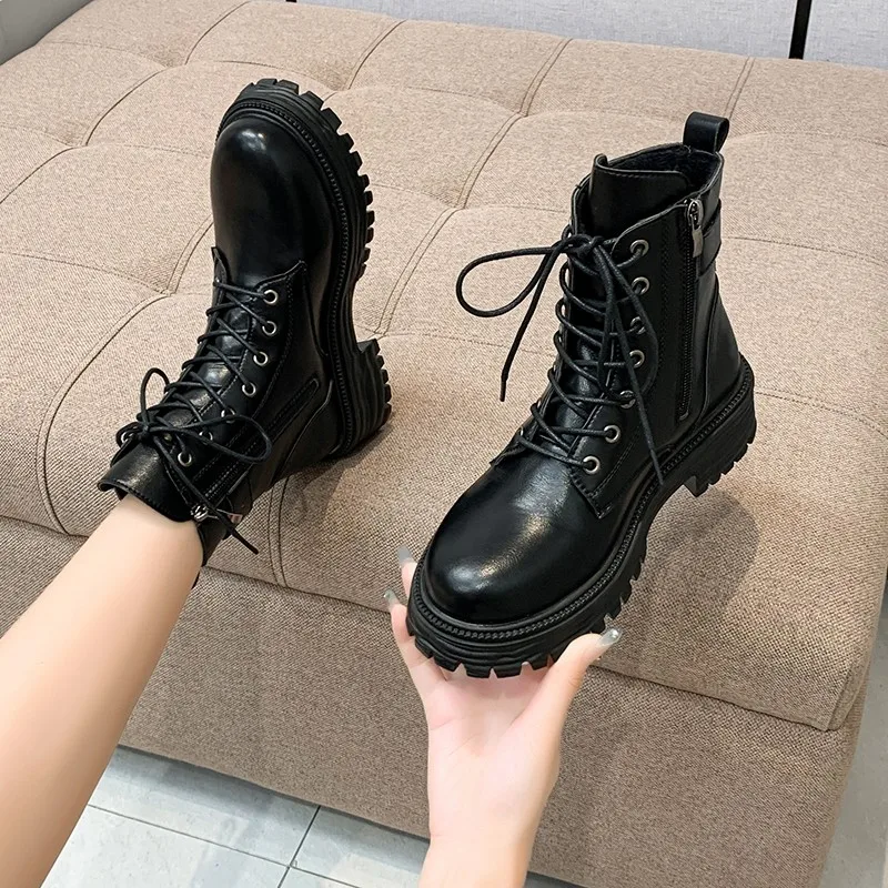 2023 New Shoes for Women Mid-Calf Lace-up Women's Boots Platform Fretwork Heels Winter Ladies Boots Round Toe Shoes Ladies