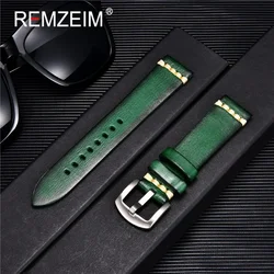 REMZEIM Retro Vegetable Tanned Leather Watch Strap - Fashionable Unisex Watchband Accessories - 22mm (Green)