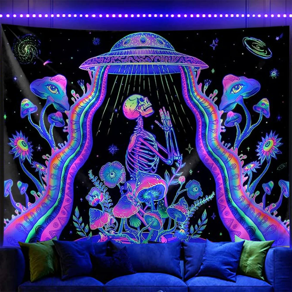 

Blacklight Skull Alien UFO Tapestry Wall Hanging UV Reactive Fantasy Plant Floral Galaxy Space Wall Decoration For Living Room