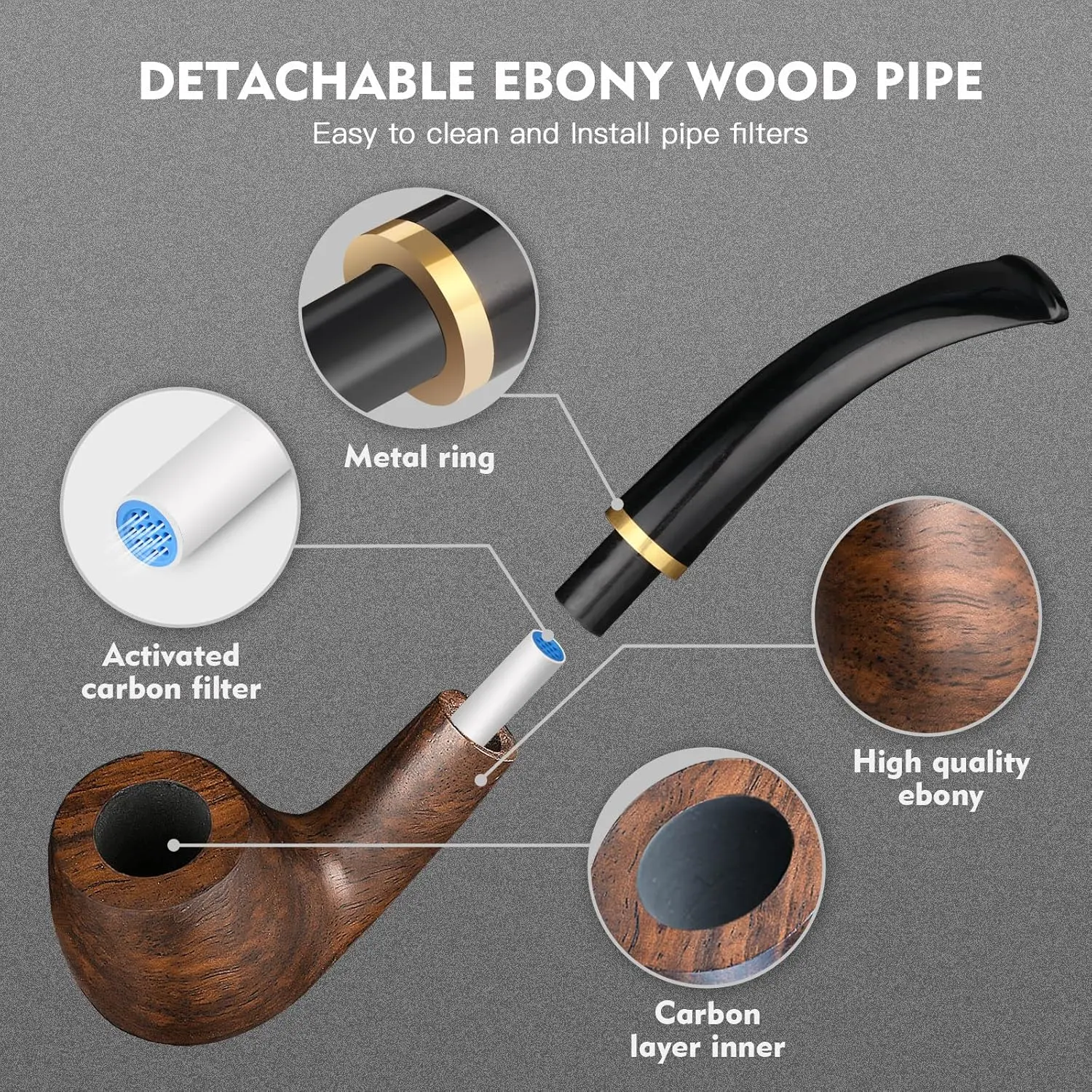 Tobacco Pipe Handmade Ebony Wood Root Smoking Pipe Gift Box and Accessories