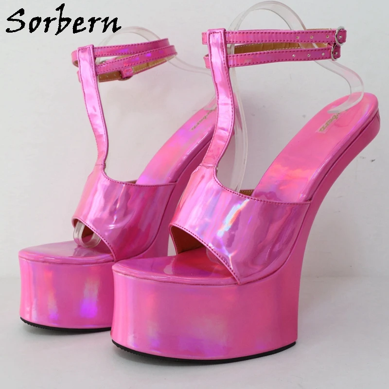 

Sorbern Hoof Heelless T-strap Women Sandals Holo Pink Slingback Platform Heelless Shoes Unisex Drag Queen Shoes Custom Color