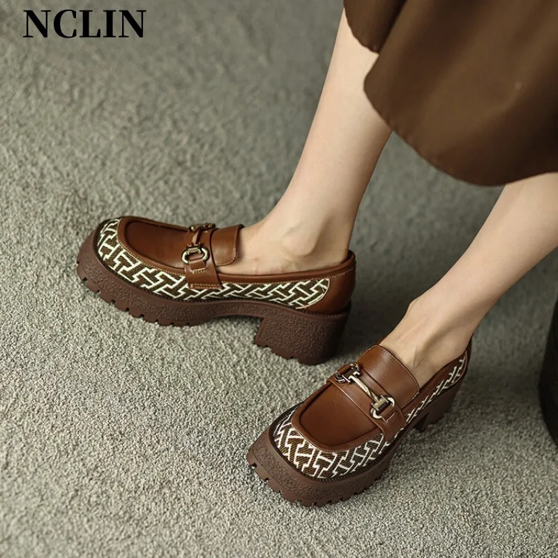 

Spring/Summer Genuine Leather Women Shoes Chunky Heel Round Toe Platform Shoes For Women SLIP-ON Loafers Pumps Zapatos De Mujer