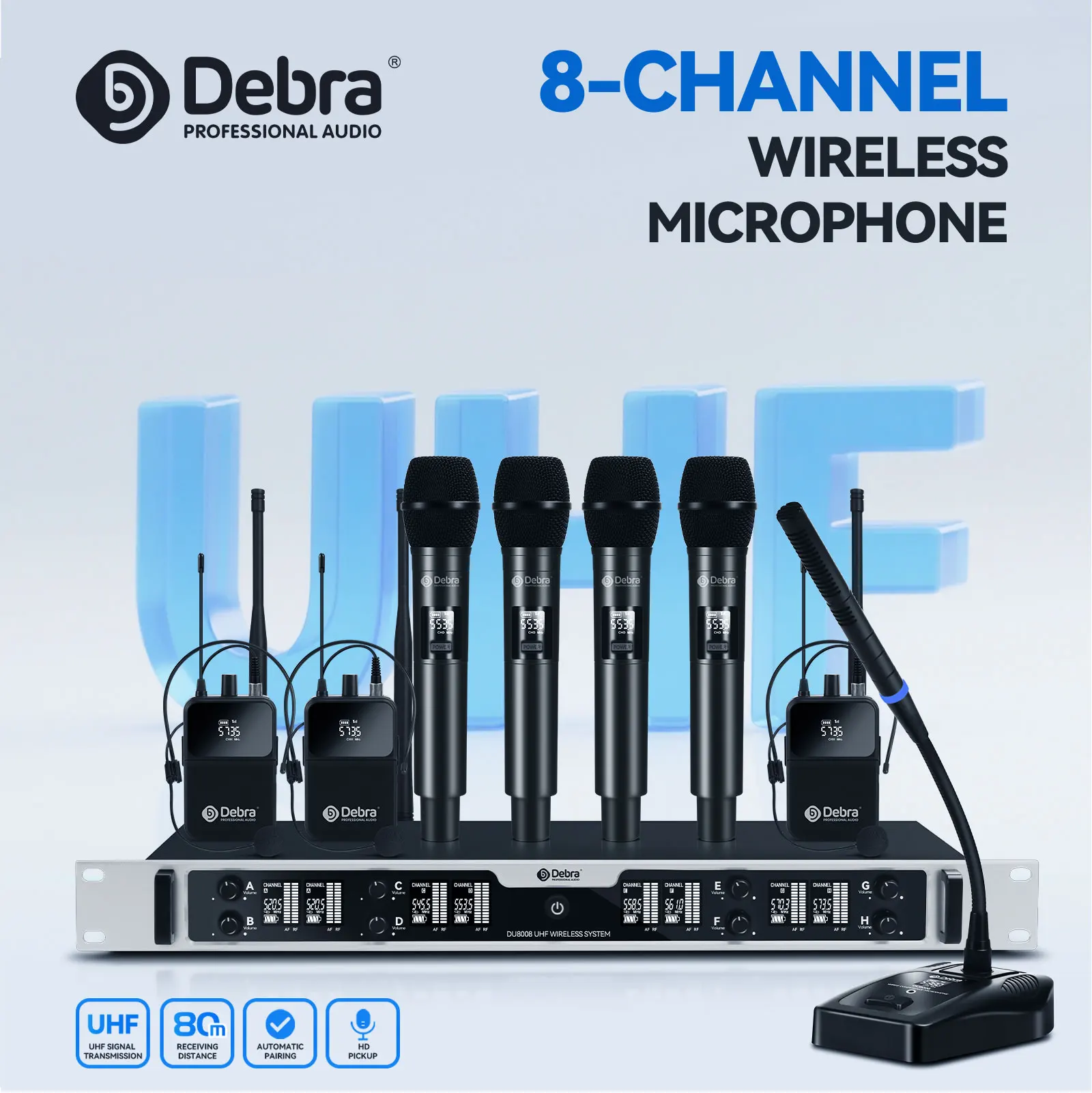 Debra DU8008 8-Channel Wireless Handheld Microphone System Handheld, Lavalier, a