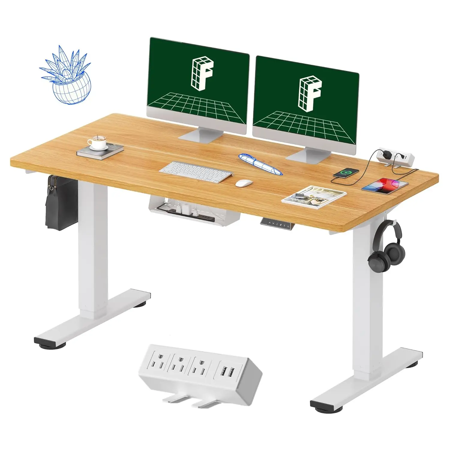 EN2 Whole-Piece Standing Desk with Clamp Power Strip, 55 x 28 Electric Stand Up Height Adjustable Desk with Cable, Customized