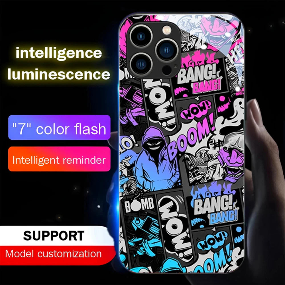 

Popular Gradient Art Luminous Glass LED Calling Light Up Phone Case For iPhone 15 14 13 12 11 Pro Max XR XS Plus 6 7 8 SE2020