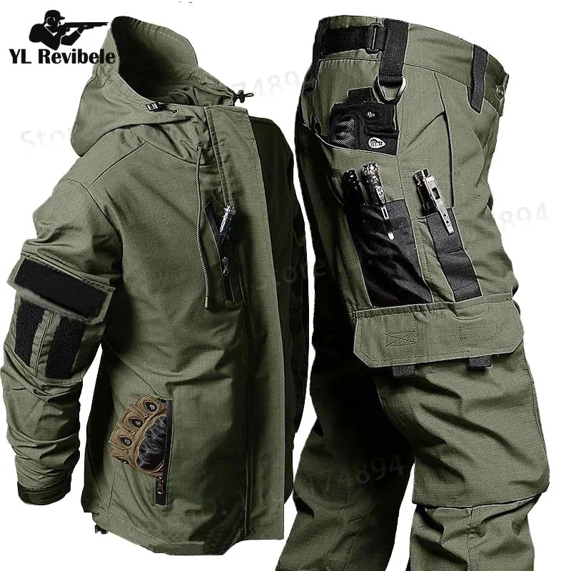Tactical Wear-resistant 2 Pcs Sets Men Spring Multi-pocket Bomber Jacket+ Cargo Pant Suit Military Waterproof Outdoor Combat Set