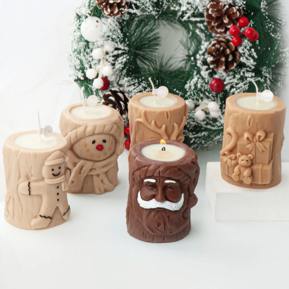 Bearded Santa Claus Deer Stump Silicone Candle Mold Gingerbread Snowman Cylinder Plaster Candlestick Making Gift Christmas Decor