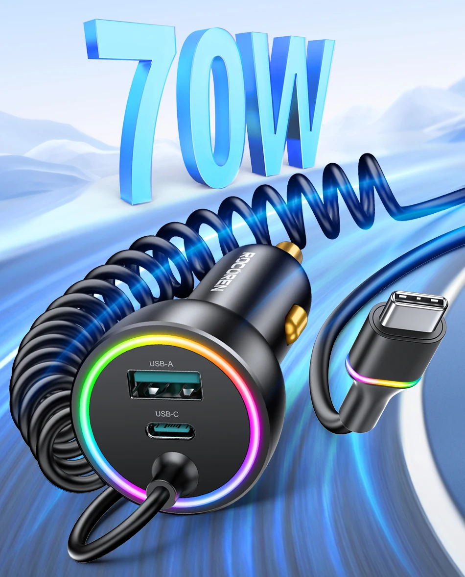 S9407db524b074ac2ae82f047a6a9bb26g Rocoren Chargeur de Voiture 70W USB-C avec Câble LED