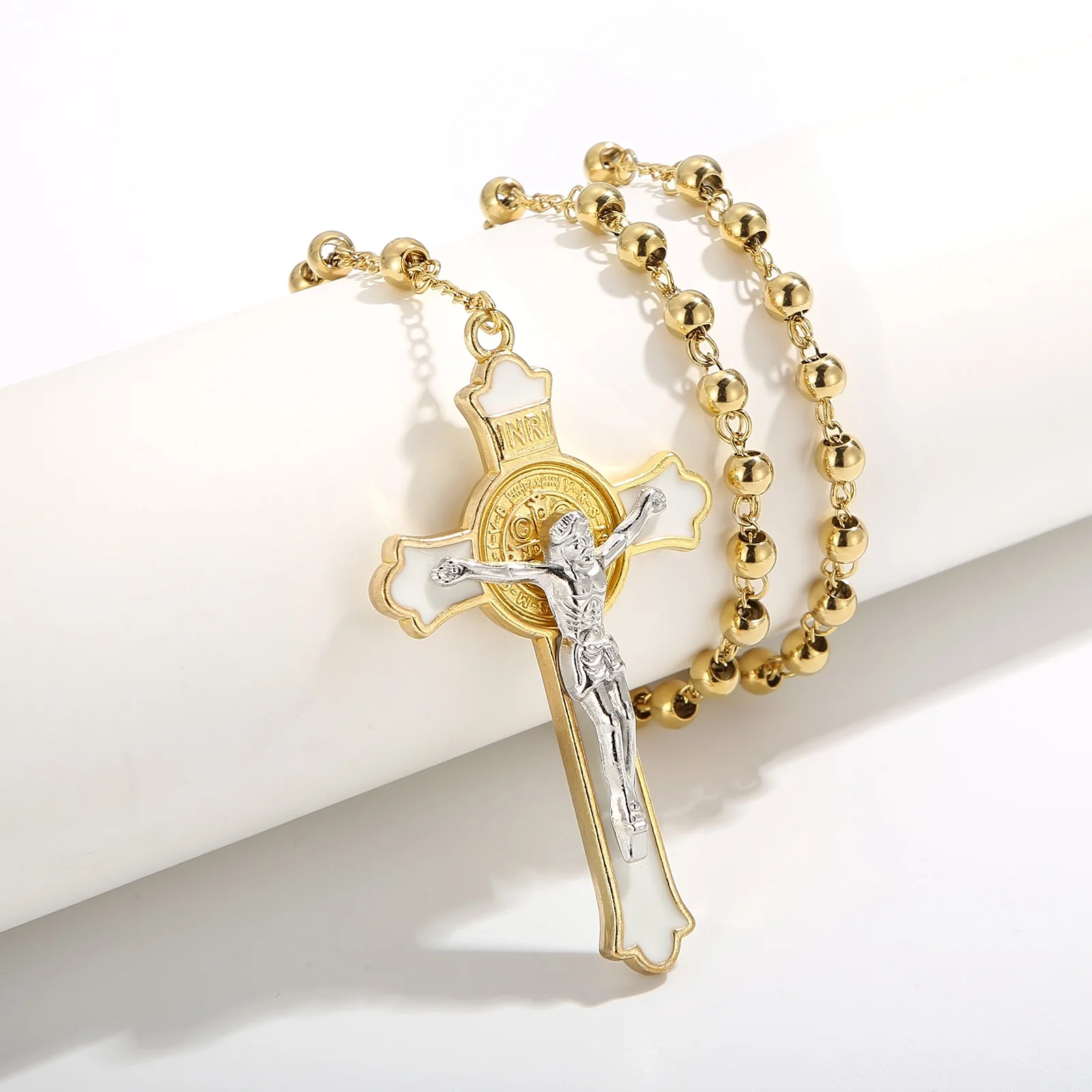 

Stainless Steel Round Bead Rosary Cross Jesus Necklace For Women Men Fashion Pendant Necklaces Christian Faith Jewelry Gift