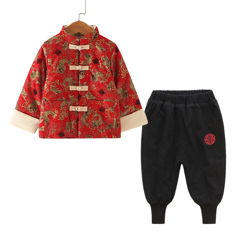 New Year Tang Suit Chinese Traditional Clothing for Kids Baby Hanfu 2Pcs Sets Cotton Long Sleeve Embroidery Winter Boy Girl Gift
