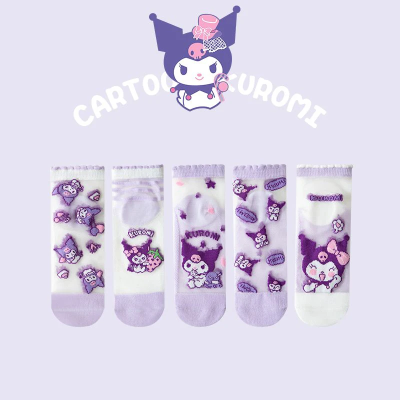 

5pcs/set Cute Cartoon Sanrioed Kuromi Children's Cotton Socks Crystal Silk Socks Pure Cotton Breathable Mesh Ice Silk Socks