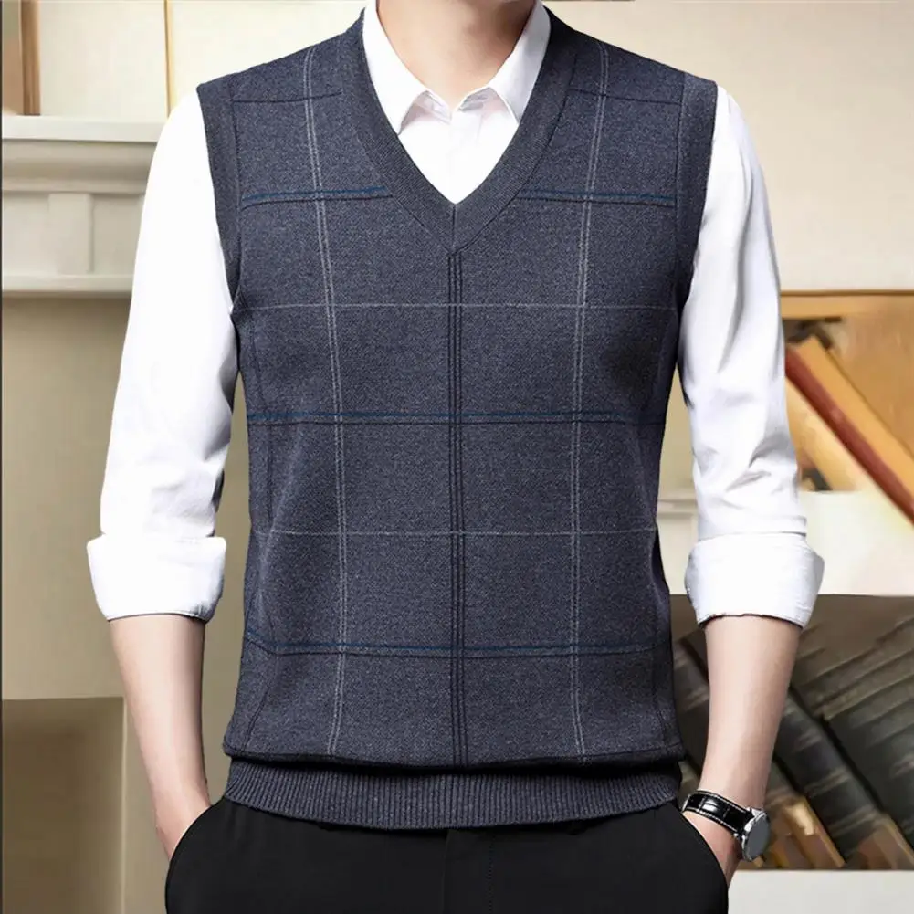 Men Sleeveless Sweater Vest Cozy Knitted Vest Stylish Mid-aged Men's Sweater Vests Knitted Plaid Print Soft Warm for Fall Spring