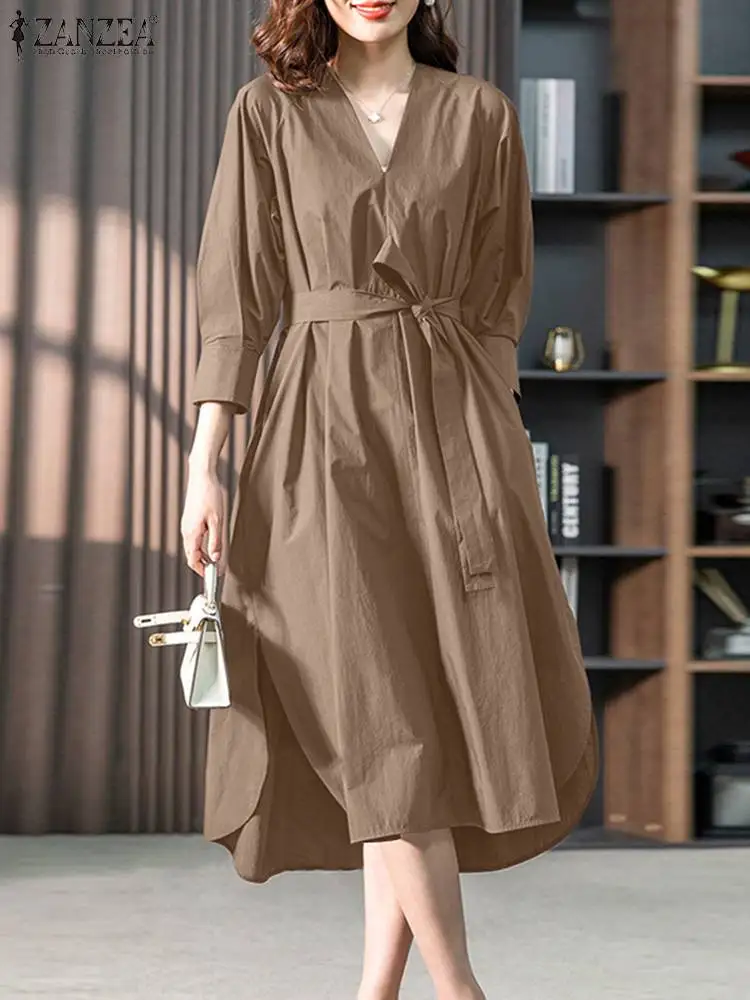 

2023 Autumn Dress ZANZEA Women Elegant OL Work Dresses V-Neck Long Sleeve Shirt Vestidos Femme Belted Robe Causal Party Sundress