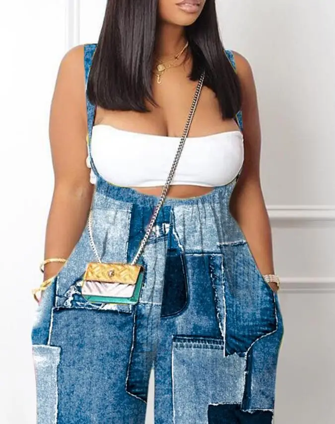 Women's New Spring and Summer Casual Wide Leg Pocket Denim Look Print Wide Leg Suspender Jumpsuit