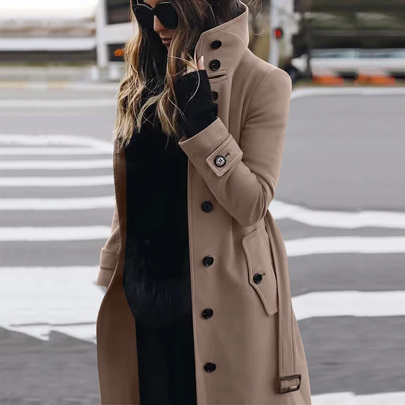 Fall Casual Streetwear Long Sleeve Outwear New Office Lady Single Breasted Slim Jacket Fashion Turn-down Collar Belt Solid Coat