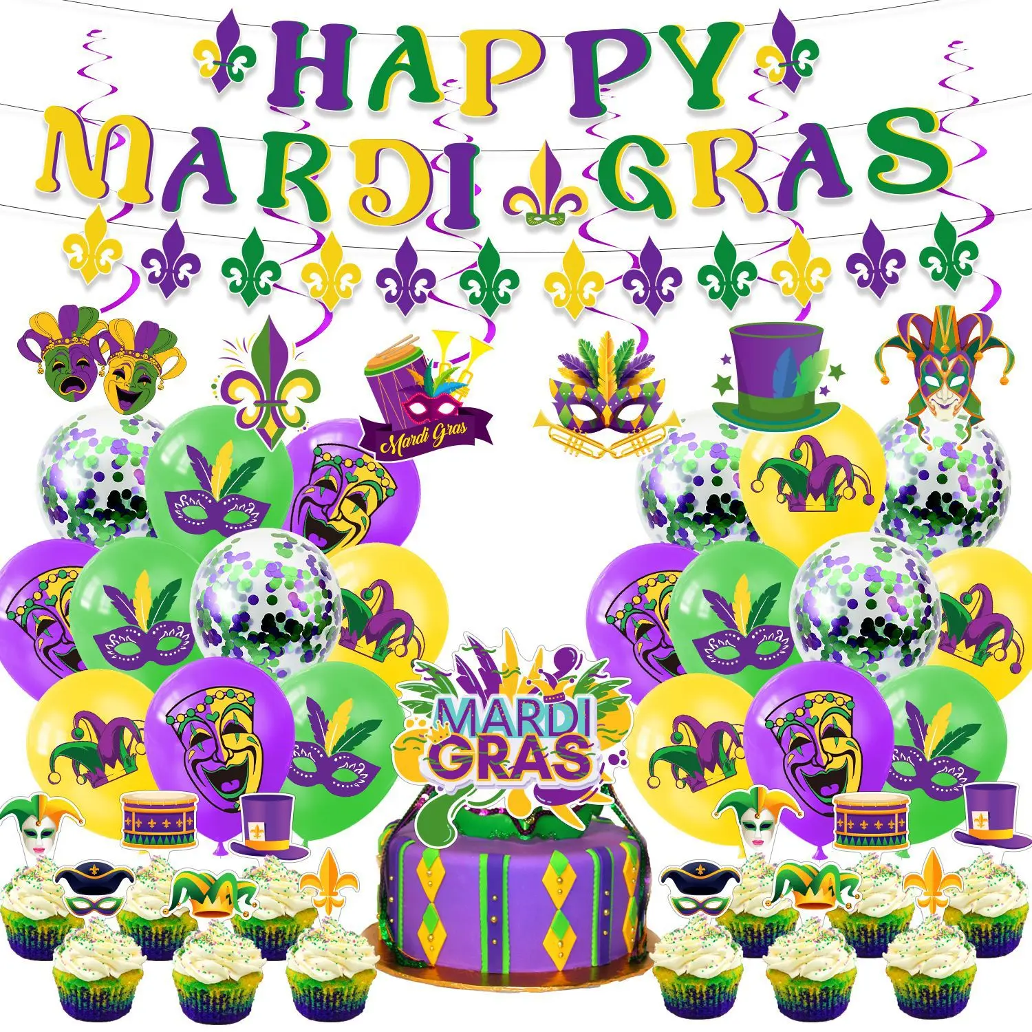 

Mardi Gras Party Decorations Festive Party Supplies Alphabet Flag Latte Flower Cake Insert Card Latex Balloon Birthday Party Set