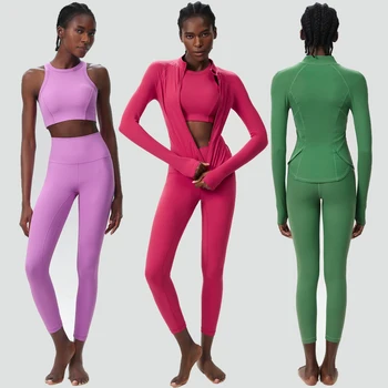 3 pezzi Set da yoga fitness da donna tuta da palestra a costine tinta unita allenamento a maniche lunghe corsa abbigliamento sportivo abbigliamento da allenamento traspirante femminile 1