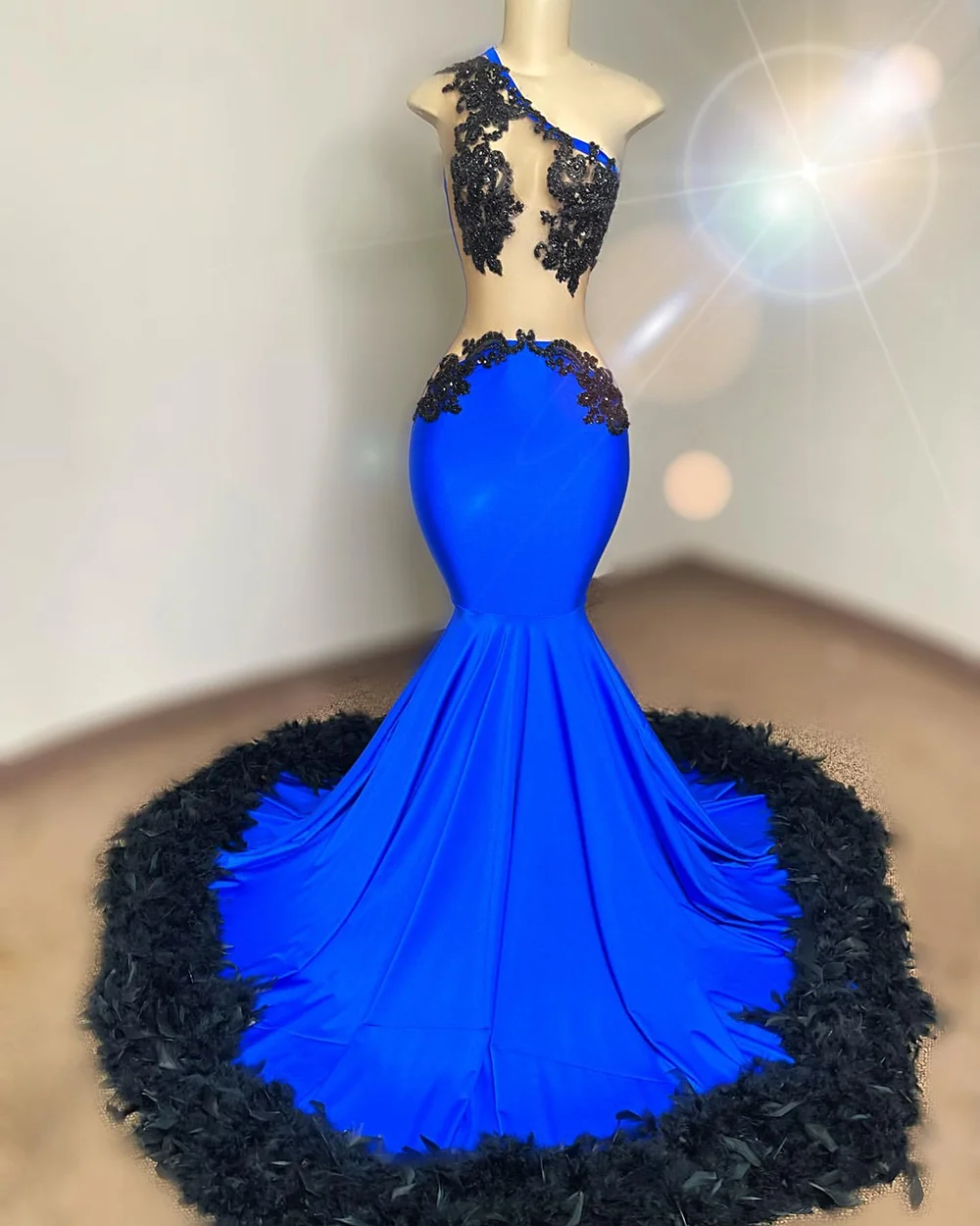 Sharon Pop Mermaid Prom Dresses Con Piume Una Spalla 2 K23 Royal Blue Occasion Abiti Da Sera Per Le Donne Gala Party