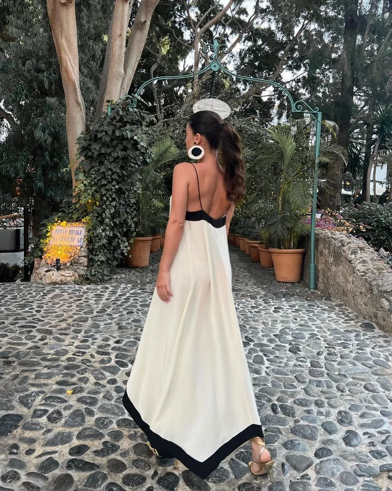 V Neck Backless Maxi Dresses For Women Color Block Slim Sexy Sundress Femme Street Fashion Party Temperament Dress Woman