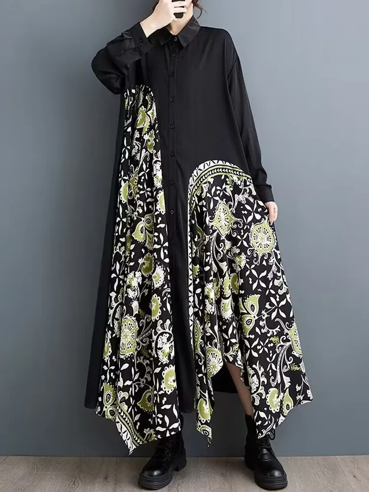 

Ethnic Style Woman 2024 New Fashion Irregular Stitching Contrast Loose Casual Long Sleeves Chiffon Turn-down Collar A-line Dress