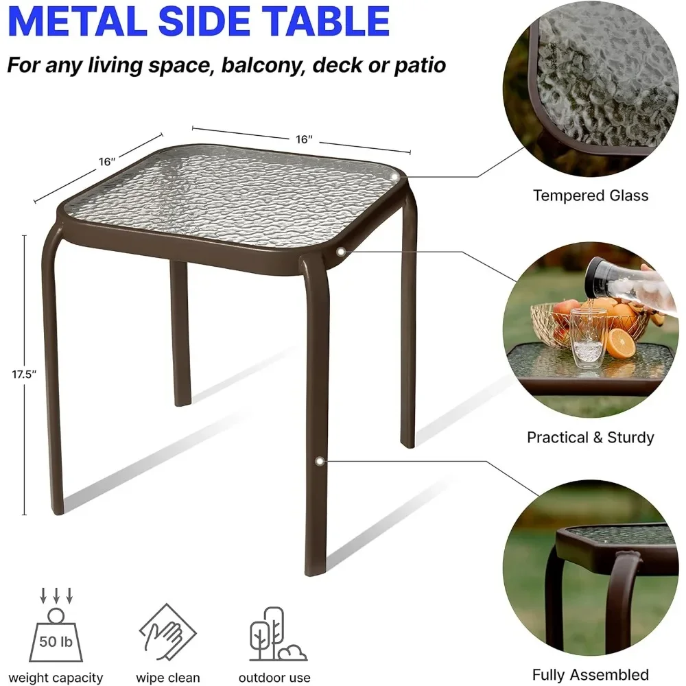 Bronze Metal Outdoor Side Table with Tempered Glass Top &ndash; Elegant Small 16" Square Patio Table &ndash; Durable Weather-Resistant Coffe