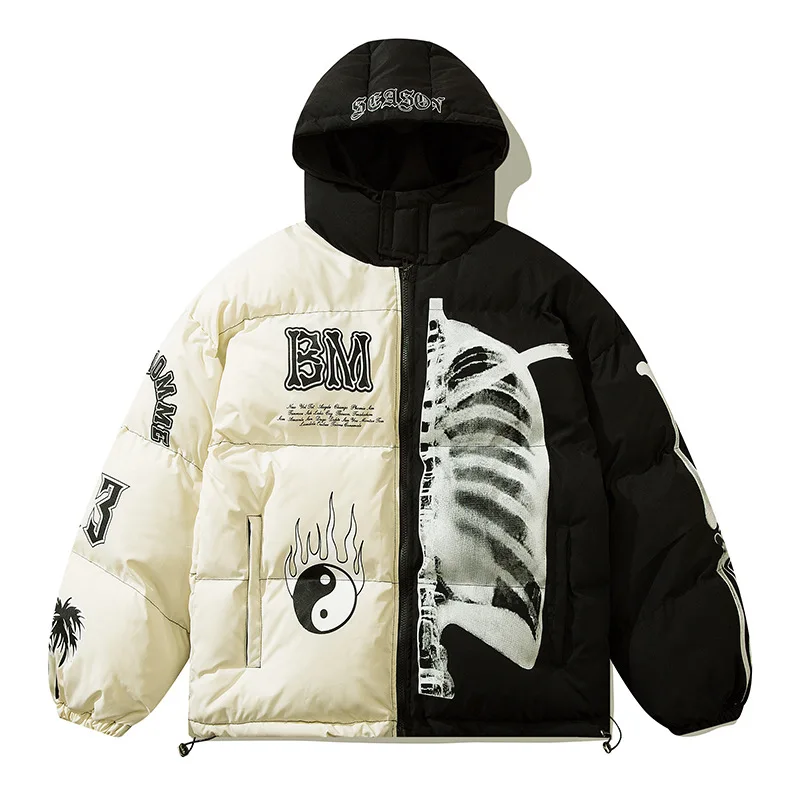 Mens Winter Hooded Parka Jacket Yin Yang Skeleton Print Streetwear Oversized Coat Harajuku Loose Thick Warm Outwear Unisex parka coat,parkas coat