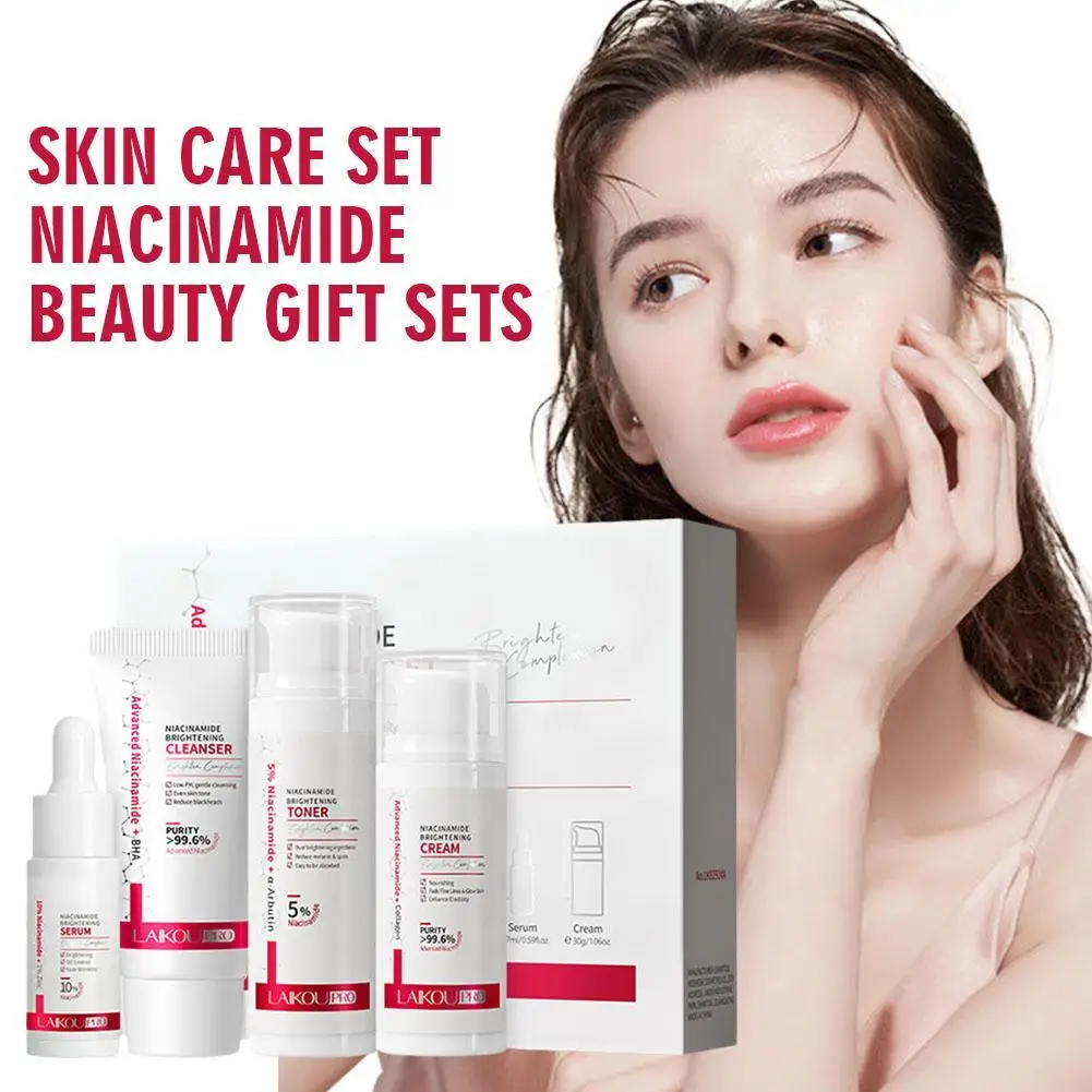 

Набор для ухода за кожей Laikou, 4 шт., Niacinamide, подарочные наборы для красоты, набор для ухода за кожей с очищающим тонером, сыворотка, крем, дорожный набор для женщин