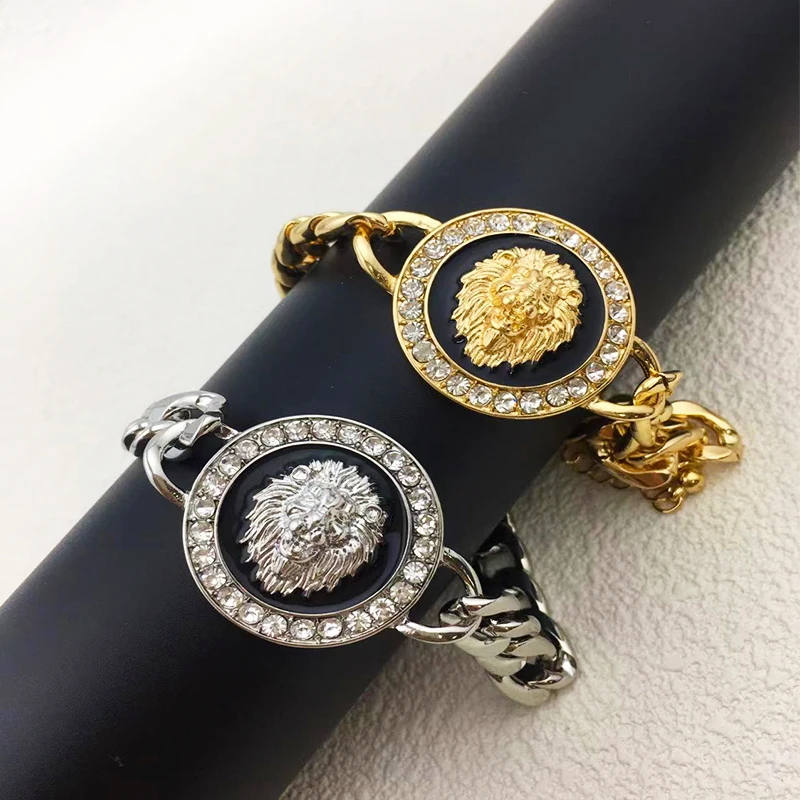 Lusso Punk Color Oro Goffrato Testa Di Leone Chargelets Per Donna Uomo Moda Zircone Catena A Maglie Braccialetto Gioielli Regali