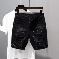 Trendy Men's Distressed Five-Quarter Black Jeans Shorts Summer Versatile Slim Fit Cool Style Korean Version Cotton Denim