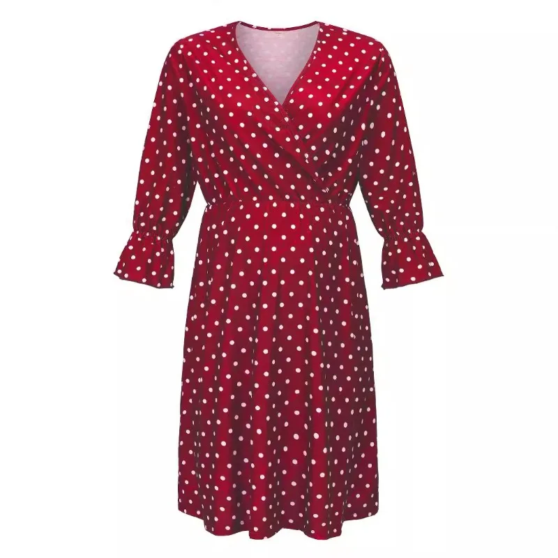 Summer Fashion High Quality Comfortable Trendy Breastfeeding Long Dress with Mid Sleeve Dots Pregnant Women's V-neck Dress 7 S940a26030cad487a975e8c0b37485211f