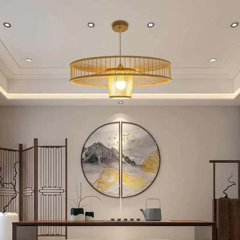 

Chinese hand woven bamboo chandelier retro coffee bar lounge Garden Restaurant bedroom decorative lamps