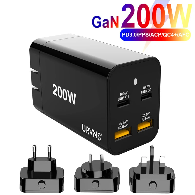 

Первое 200 Вт USB C многопортовое зарядное устройство-4 порта GaN PD быстрое зарядное устройство USB-C адаптер питания для MacBook,Dell XPS,Galaxy S22 Ultra