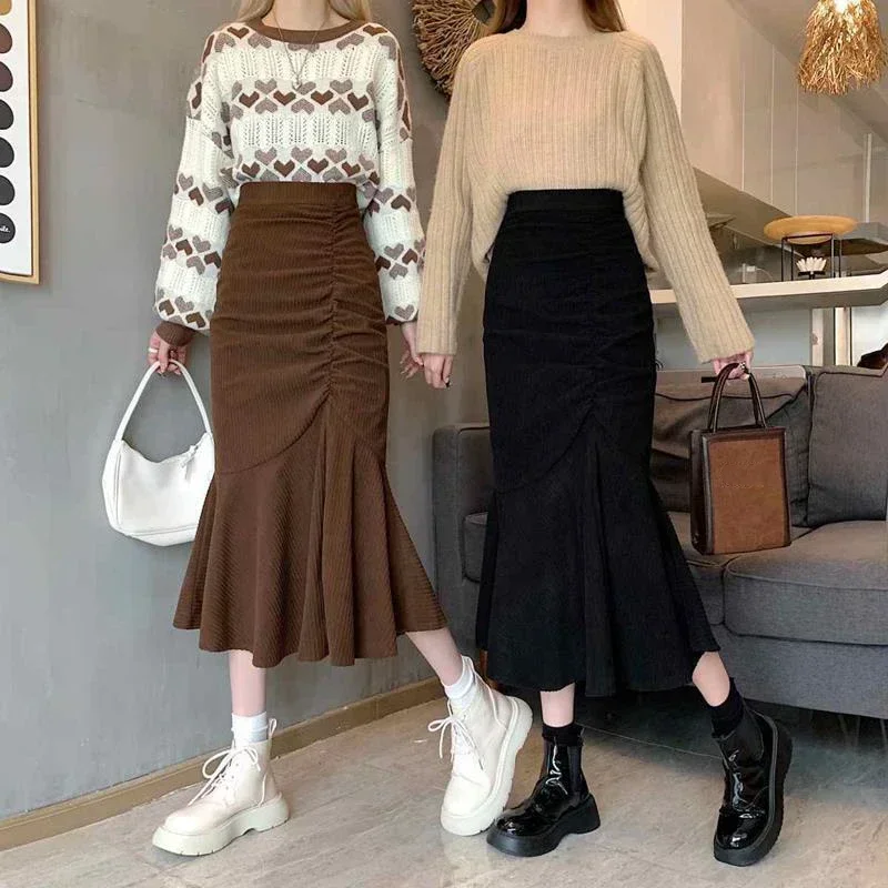 

Spring Autumn New Half-body Skirt Long Corduroy Pure Color Fishtail Slim Skirt Lotus Leaf Edge High Waist Slim Package Hip Skirt