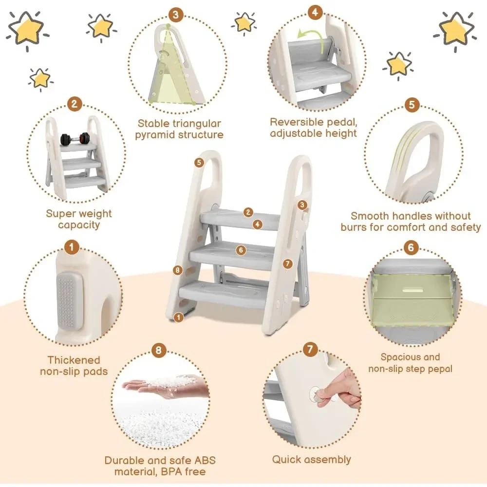 Foldable Step Stool for Bathroom Sink, Adjustable 3 Step Stool for Kids Toilet Potty Training with Handles, Child