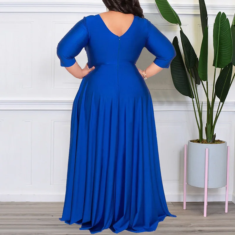 Evening Party Sexy Solid Color V-Neck High Waist Three Quarter Sleeve Pullover Maxi Princess Dress Plus Size Women's Clothing