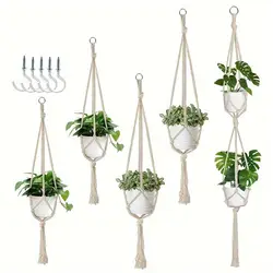 Set of 5 Bohemian Handwoven Macrame Plant Hangers with Hooks for Indoor and Outdoor Home Decor, Multiple Sizes (5pcs Beige)