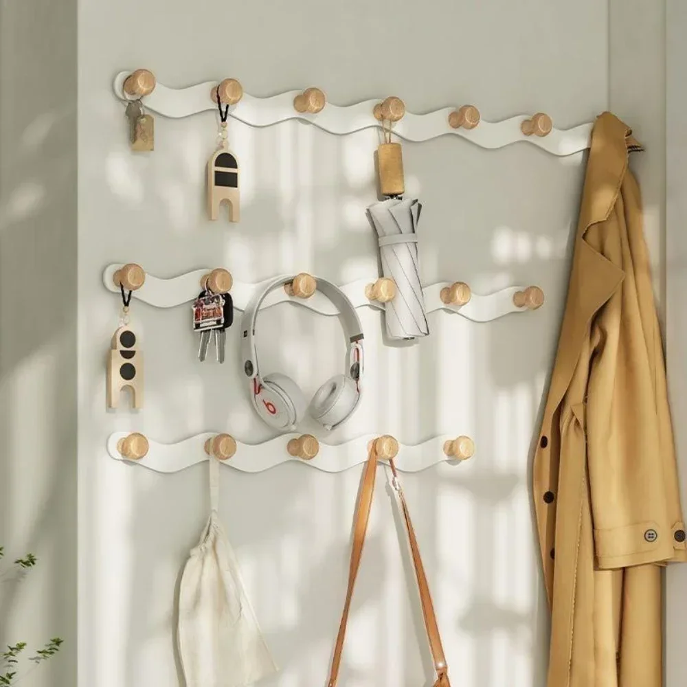 Coat Hanger Wall Mount Creative Wave Iron Hooks Row No Punch Wooden Hanger Functional Wall Hook Rack Porch Bathroom Coat Hook 3