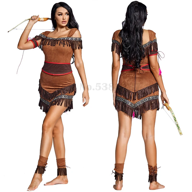 

Halloween Adult Pocahontas Huntress Costume Women Indian Princess Clothing Purim Carnival Party Mardi Gras Fancy Dress