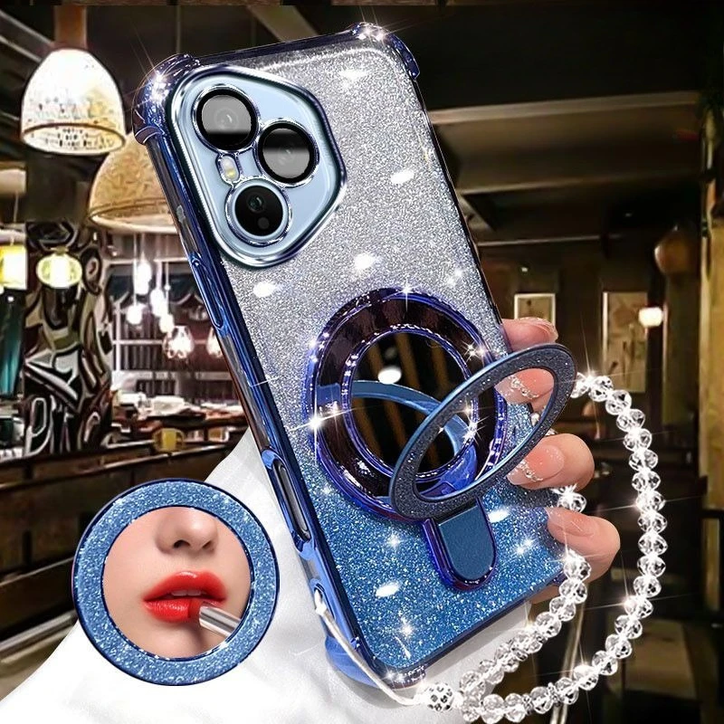 Glitter Plating Mirror Phone Case with Magnetic Holder and Bracelet Cover