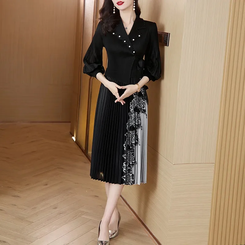 Summer Dress Elastic 2024 New Pleated Long Dress Young Mother's Temperament Is Slim And Gentle skirt Notched Collar Dress Black