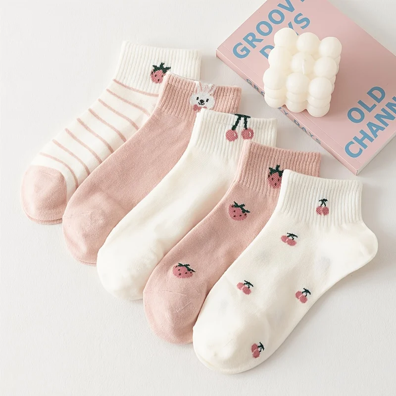 Charming Women's Socks Double Pack - Cute Cherry, Strawberry & Rabbit Designs, Comfortable & Breathable