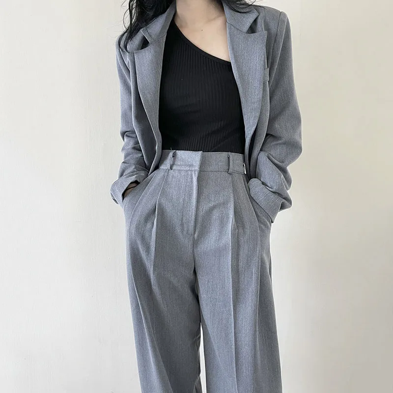

Women's Winter Vintage Casual Short Blazers Wide Leg Pants Set Commuting Solid Color Single Breasted Suit Pants Two-piece Sets